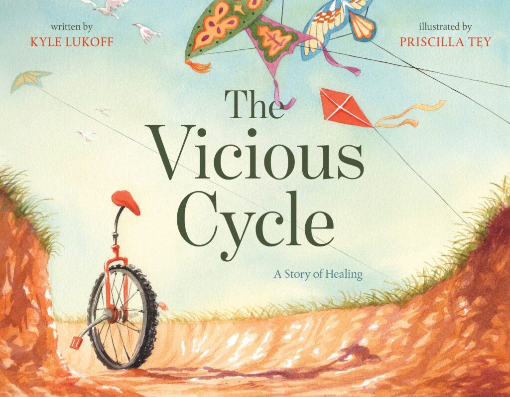 the-vicious-cycle book jacket image with a unicucle and kites overhead