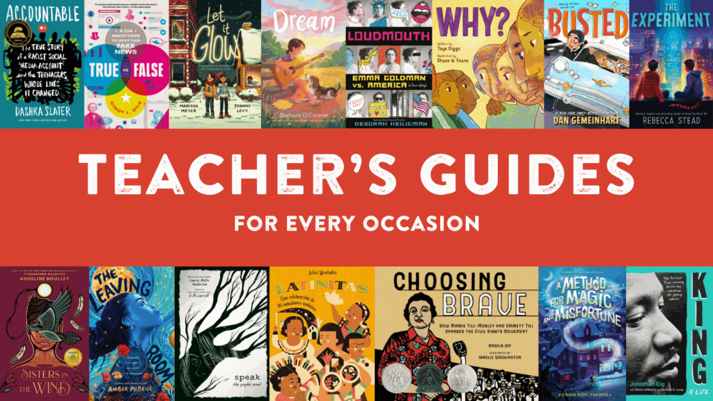 Image reads "teacher's guides for every occasion" and shows covers of books on the top and bottom of the image