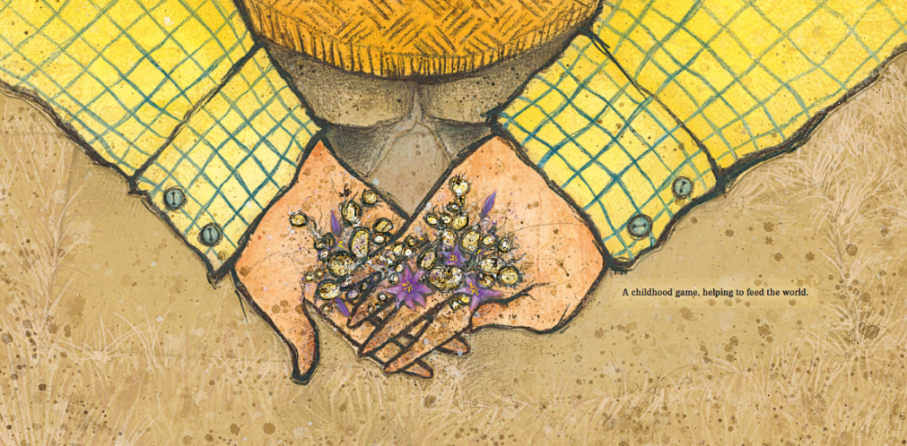 Art from Alberto Salas Plays Paka Paka con la Papa. Two hands cup Solanum Jalcae tubers from a potato crop