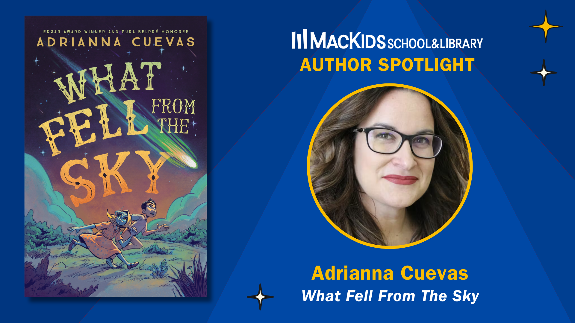 Author spotlight header image with author headshot and cover image for What Fell for the Sky