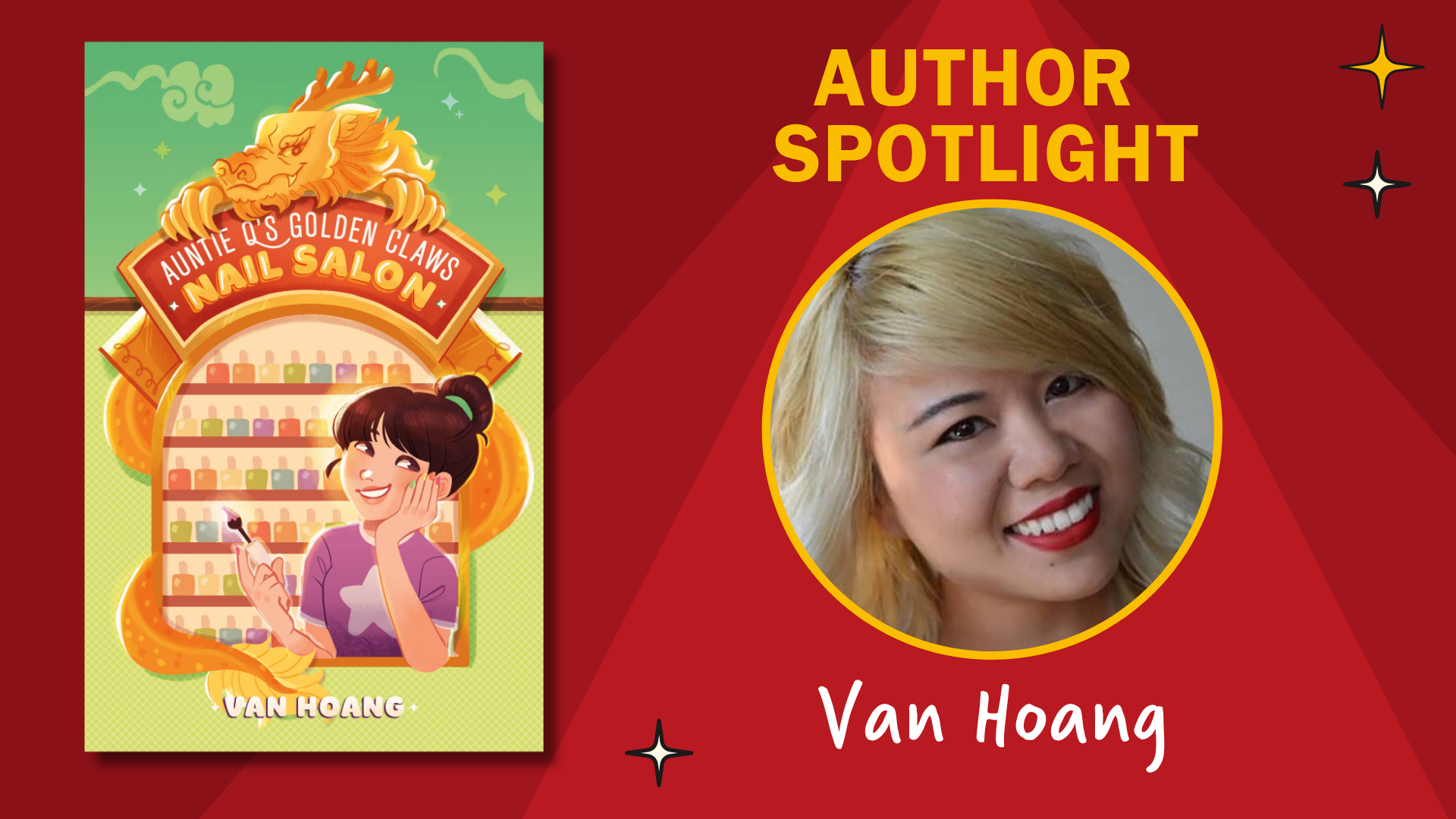 author-spotlight-graphic featuring the author's author photo a book jacket image and text reading "author spotlight van hoang"